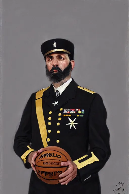 Image similar to full body portrait of the dictator of the san antonio spurs, 1 8 8 9, in full military garb, silver, black, white, greg popovich, oil on canvas by william sidney mount, trending on artstation