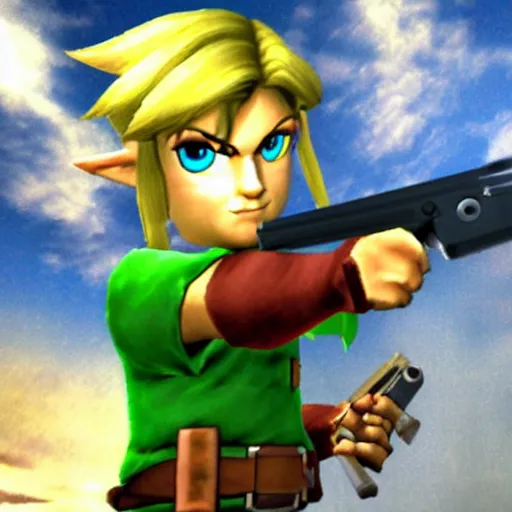 Image similar to link with a gun, ps 2 graphics