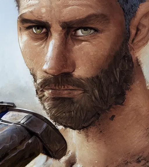 Image similar to portrait of muscular, tired and alcoholic 3 0 - year - old grieving man with short darkblonde hair, serious sad look in his eyes, looking down, dirty beard, blue eyes, crying tears, wearing dirty soldier uniform, on the desert, sad atmosphere, hyper realistic face, character art, art by mark brooks, cryengine, trending on artstation, digital art