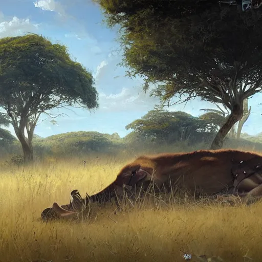 Image similar to manticor resting in the savanna, oil painting, by Greg Rutkowski