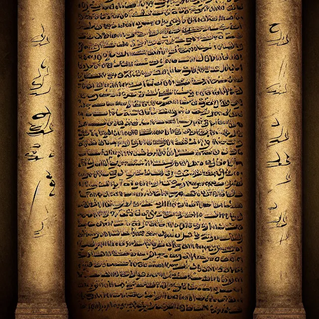 Prompt: ultra - realistic photo a damaged unrolled dead sea scroll with nabeatean aramaic in sideways columns, dark, brooding, volume lighting, atmospheric lighting, painted, intricate, ultra detailed by dave dorman, well composed, best on artstation, cgsociety, epic, stunning, gorgeous, intricate detail, wow, masterpiece