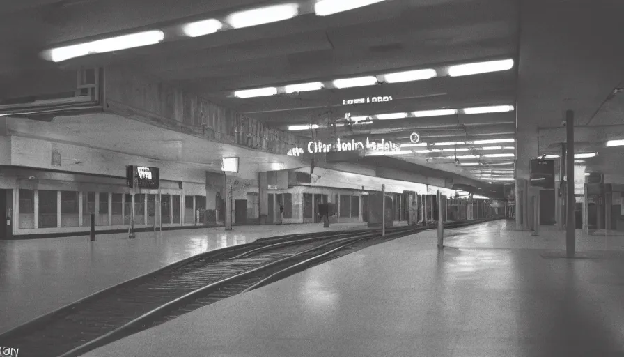 Image similar to 60s movie still of a sovietic stalinist style empty railway station, cinestill 800t 50mm eastmancolor, liminal Space style, heavy grain-s 150