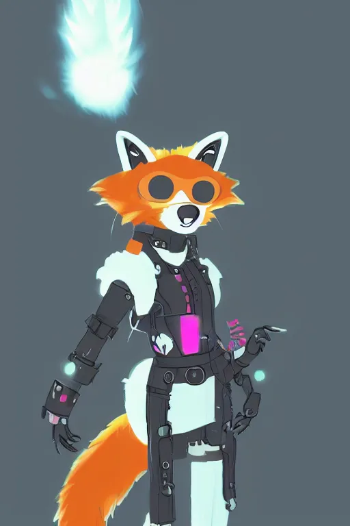 Image similar to a cute cyberpunk anthropomorphic fox with a fluffy tail, comic art, trending on furaffinity, cartoon, kawaii, backlighting, furry art!!!, cel shading, concept art, lineless