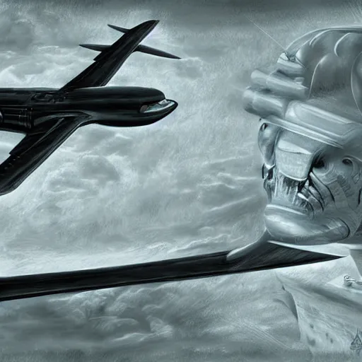 Image similar to illustration of a plane flying in the style of H. R. Giger, realistic painting, high definition, digital art, matte painting, very detailed, realistic