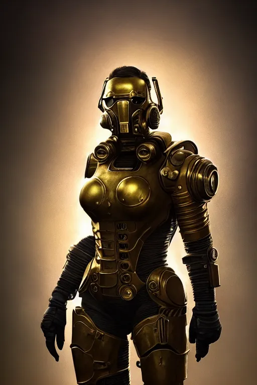 Prompt: unknown Fallout 5 character portrait, partially clothed in metal-plated ballistic armour, atmospheric lighting, painted, intricate, volumetric lighting, beautiful, golden hour, sharp focus, ultra detailed, by Leesha Hannigan, Ross Tran, Thierry Doizon, Kai Carpenter, Ignacio Fernández Ríos