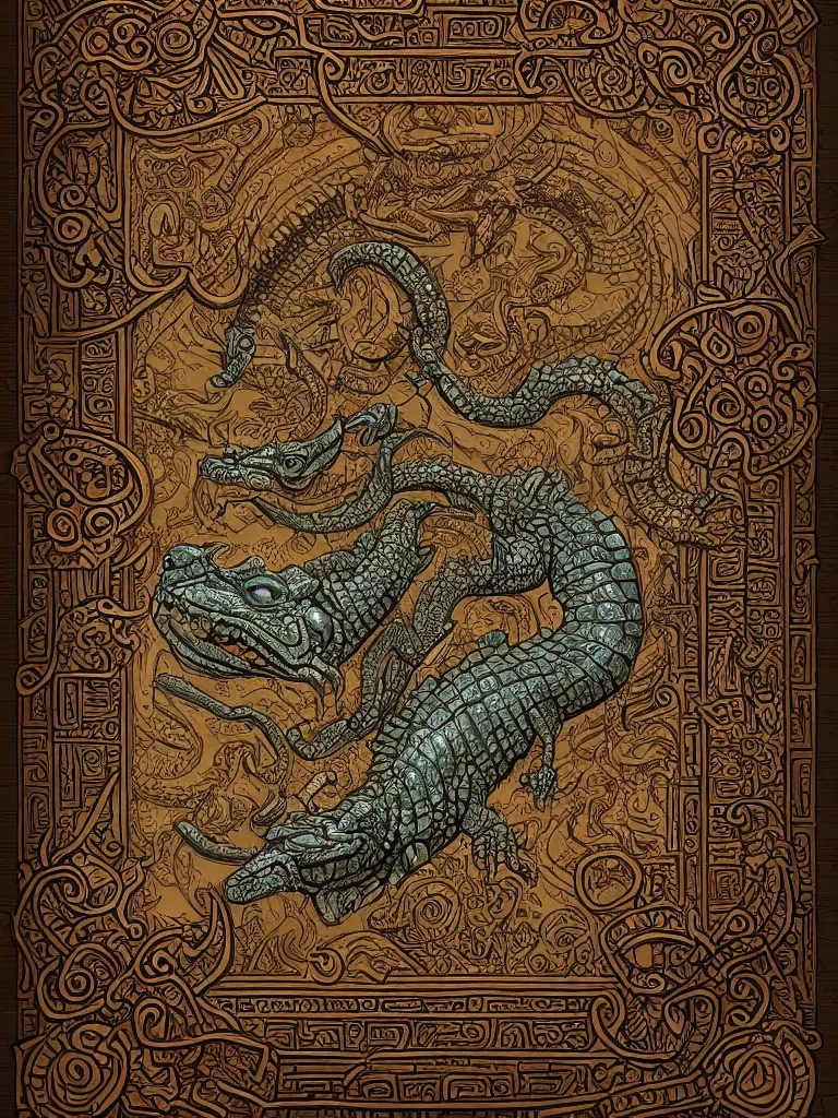 Image similar to mayan book decorative border frame, crocodile illuminations, d & d, fantasy, intricate, elegant, highly detailed, digital painting, artstation, illustration, hearthstone