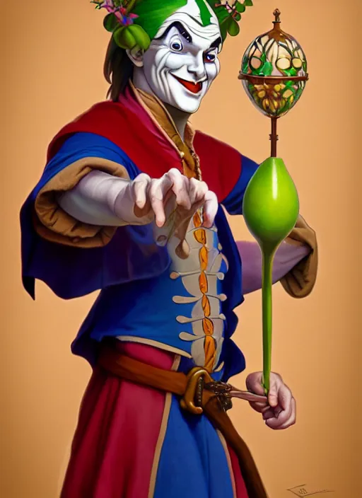 Image similar to lunatic medieval jester holding maracas natural lighting, path traced, highly detailed, high quality, digital painting, by don bluth and ross tran and studio ghibli and alphonse mucha, artgerm