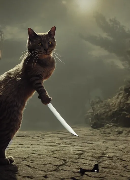 Image similar to film still of a bipedal cat with a black eyepatch over its right eye and a huge sword on its back, 4 k