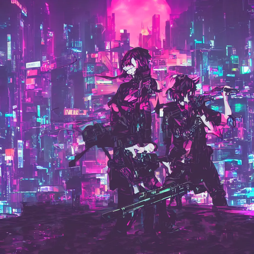 Prompt: portrait of Reaper (The World Ends With You) holding gun, cyberpunk aesthetic, city skyline on background, neon lights, glow, retrowave style