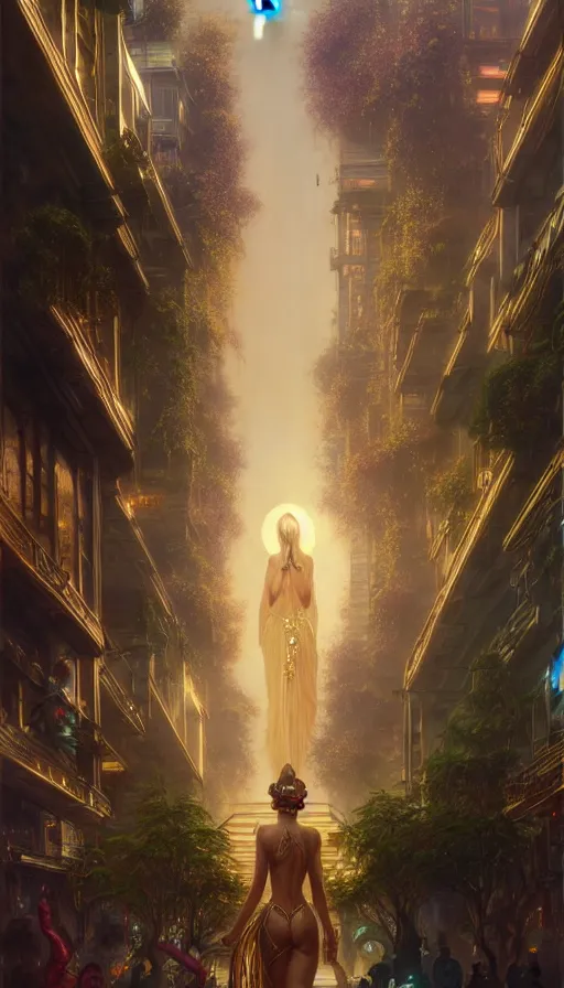 Image similar to golden goddess looking at a hyper realistic cyberpunk city, crowded market street overtaken by lush plants, kittens, full moon, light rays, gnarly trees by tom bagshaw, mucha, gaston bussiere, craig mullins, j. c. leyendecker 8 k