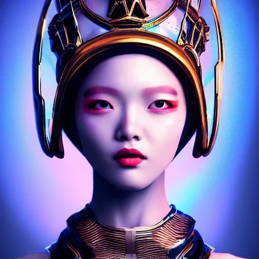 Image similar to portrait of an alien princess, style of Feng Zhu, Artstation geometric, aesthetic, smooth skin, unique features, symmetrical, intricate crown, high fashion, streetwear, cyberpunk, detailed, octane render, cinematic, 8k,