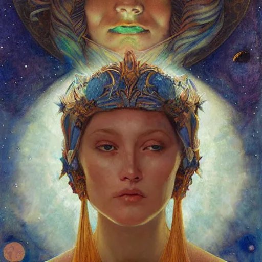 Prompt: queen of the moon with stars in her hair, by annie swynnerton and tino rodriguez and nicholas roerich and jean delville and donato giancola and diego rivera and tom bagshaw and evelyn demorgan, dramatic lighting, god rays, geometric tattoos, rich colors, smooth sharp focus, extremely detailed, adolf wolfli