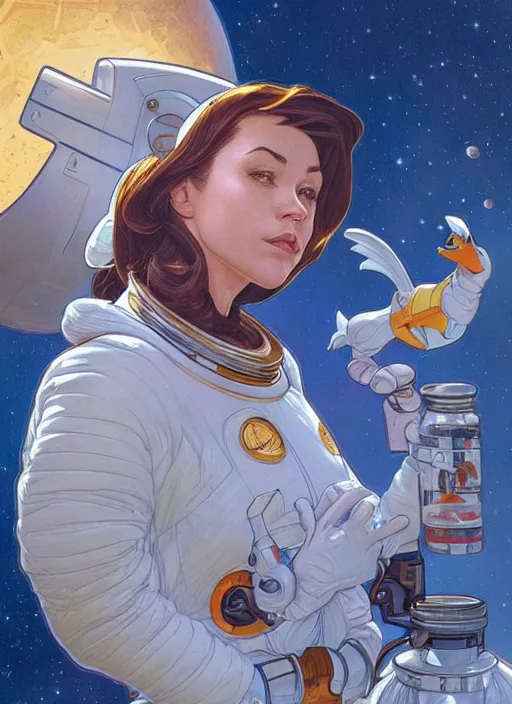 Image similar to Donald Duck as an astronaut, woman, fantasy, intricate, elegant, highly detailed, centered, digital painting, artstation, concept art, smooth, sharp focus, illustration, art by artgerm and donato giancola and alphonse mucha