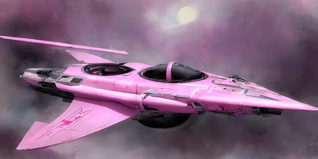Prompt: pink and white starfighter racer by craig mullins and marbacher