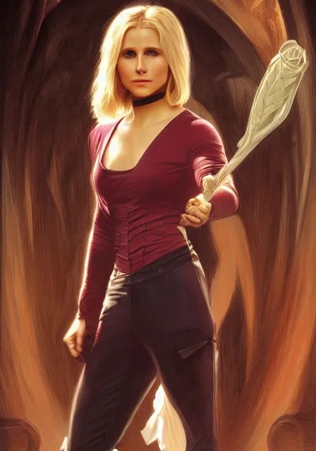 Image similar to kristen bell as buffy the vampire slayer, intricate, elegant, highly detailed, digital painting, artstation, concept art, smooth, sharp focus, illustration, art by artgerm and greg rutkowski and alphonse mucha and william - adolphe bouguereau