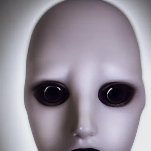 Prompt: A mannequin-esque figure with white glowing eyes, in a pitch black room, staring!!!!! into the camera, black background!!!!!, creepy atmosphere, eerie art style, photorealistic facial features, close-up!!!!!, macro image!!!!!, trending on artstation, 4k, 8k