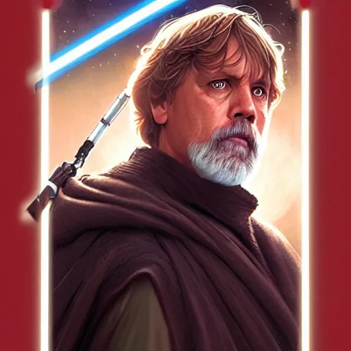 Image similar to luke skywalker grand master jedi from legends books, jedi from star wars, intricate detailed face, artgerm, greg rutkowski, alphonse mucha