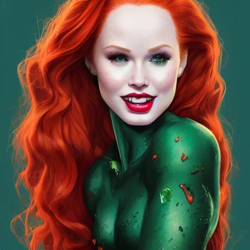 Prompt: beautiful Madelaine Petsch poison ivy DC comics taking a selfie, evil smile, realistic character concept, medium shot, fun pose, comic book, illustration, slender symmetrical face and body, artstation, cinematic lighting, hyperdetailed, high resolution, Charlie Bowater, Tom Bagshaw, single face, insanely detailed and intricate, beautiful