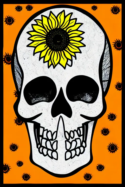 Image similar to sunflower skull head, spooky halloween theme, illustration line art style