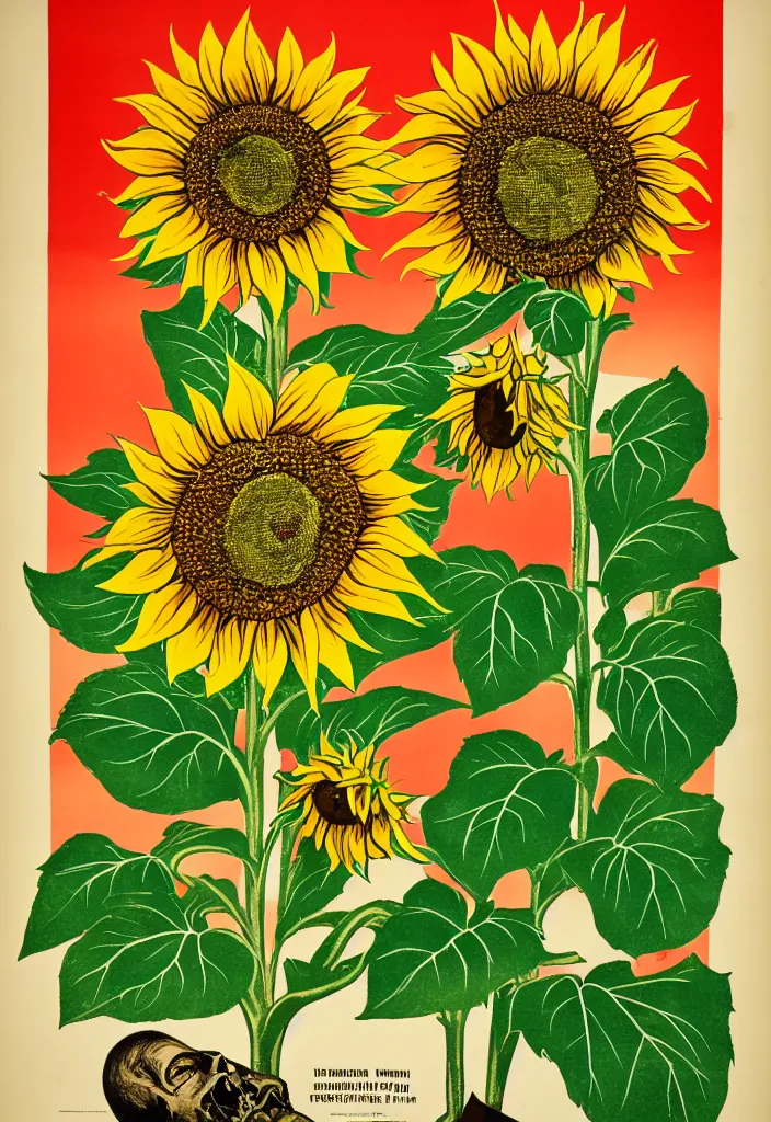 Image similar to A communist Propaganda Poster of a sunflower growing out of a dead soldier.