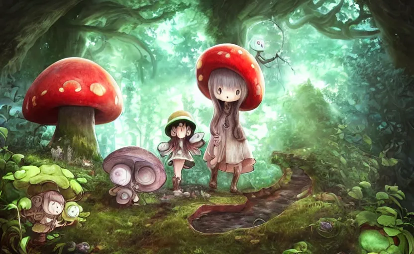 Image similar to cute little girl with an long hair wearing an mushroom hat in the dark forest next to a sinister monster, cute artwork, clean detailed art, inspired made in abyss, detailed background, fantastic world, spectacular quality