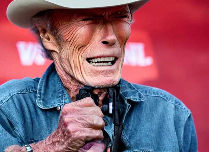 Image similar to photo still of clint eastwood on stage at vans warped tour!!!!!!!! at age 6 8 years old 6 8 years of age!!!!!!!! in a gran torino, 8 k, 8 5 mm f 1. 8, studio lighting, rim light, right side key light
