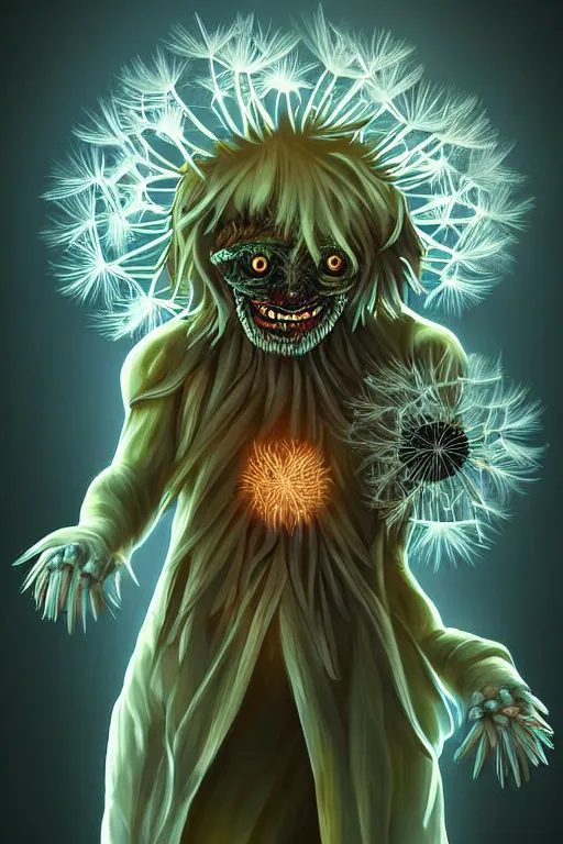 Image similar to a glowing humanoid figure dandelion monster with large glowing eyes, highly detailed, digital art, sharp focus, trending on art station, artichoke, anime art style