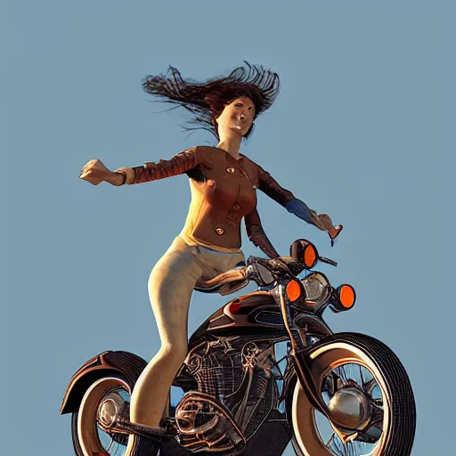 Prompt: a woman in the sky riding a motorcycle by jean giraud and milo manara, 3 d render, octane render