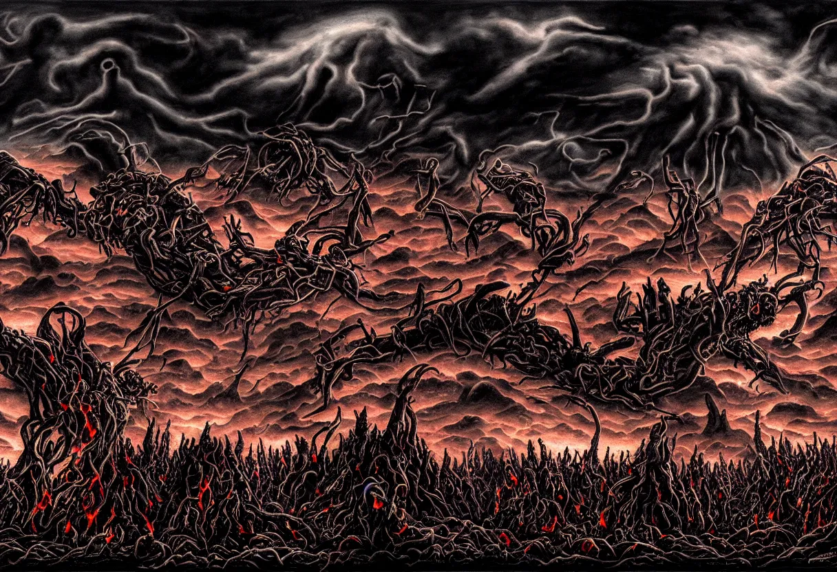 Image similar to dark burning sky with suffering shadows of dead humans with arms outstretched towards the sky, crushed souls under machines of hate, rivers of blood, nuclear waste, hell fire , under the eye of evil and monstruos alien god, blood incantation, revelation of death, radiation, sickness, disease, plague, fantasy, intricate, elegant, highly detailed, digital painting, artstation, concept art, smooth, sharp focus, octane render, dramatic lighting, volumetric lighting, cinematic lighting, art by artgerm and greg rutkowski and alphonse mucha and wlop