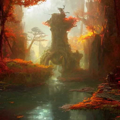 Prompt: overgrown sunken giant copper statue in the autumn forest, fantasy concept art by tyler edlin, antoine blanchard, thomas cole