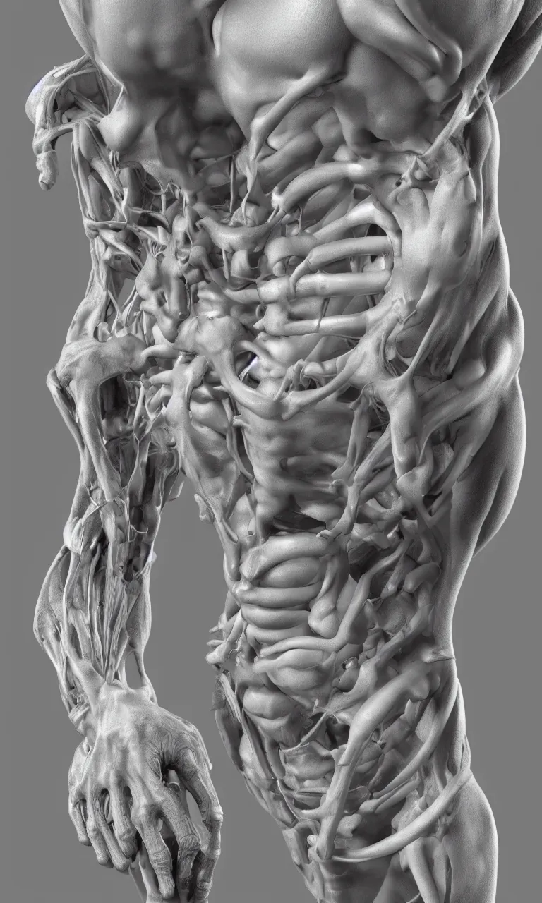 Prompt: anatomy of a human body in white porcelain environmental occlusion, H.R. Giger, photorealistic, 8k, digital art, unreal engine, unreal engine render, blender render, render, 4k, coherent