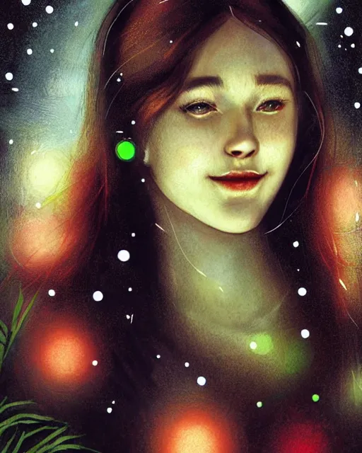 Prompt: a happy young woman, admiring the lights of golden fireflies, sitting in the midst of nature with a wonderful dress, long loose red hair, bright green eyes, small nose with freckles, triangle shape face, smiling, romantic scene, golden ratio, high contrast, photo realistic digital art by caravaggio and artgerm.