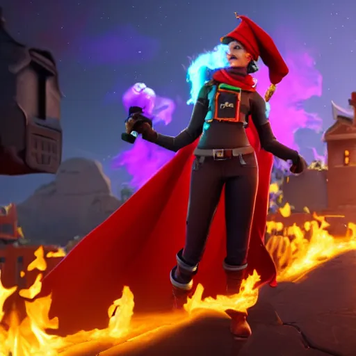 Prompt: a curly haired female pyromancer wearing a red wizard hat as a fortnite character, screenshot from fortnite, 3 d unreal engine render