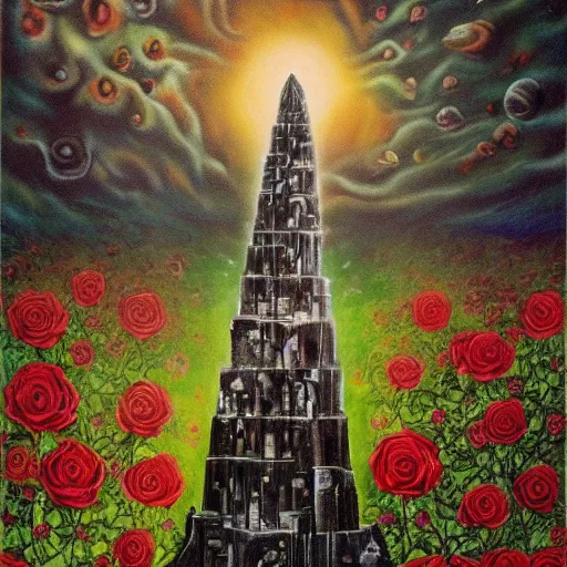 Image similar to the dark tower in a field of roses, surrealism, cosmic western, masterpiece oil painting,