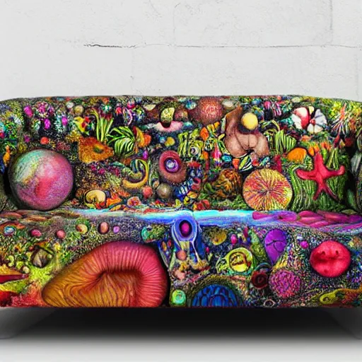 Prompt: psychedelic trippy couch in the lush forest, planets, flowers, mushrooms milky way, sofa, cartoon by giuseppe arcimboldo