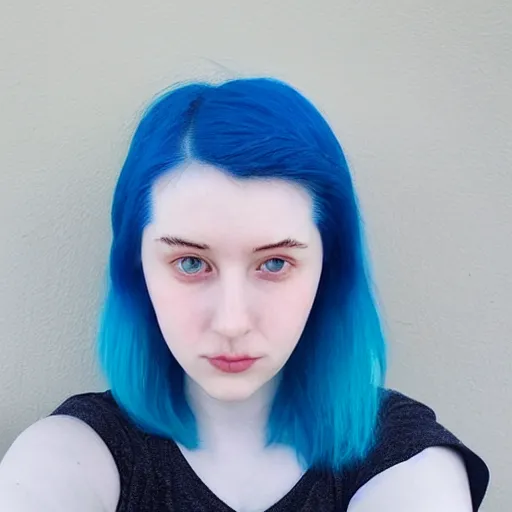 Prompt: a pale girl with blue hair, soft facial features, round face, looking directly at the camera, neutral expression, instagram picture