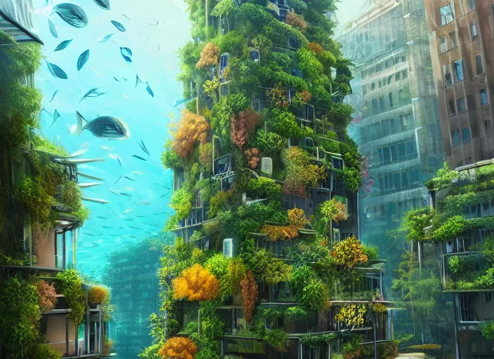 Image similar to overgrown foliage overtaking tall buildings, underwater environment, storefronts, coral, scenery, professional, award - winning, trending on artstation, hyper detailed, realistic, beautiful, emotional, shiny, golden, picture