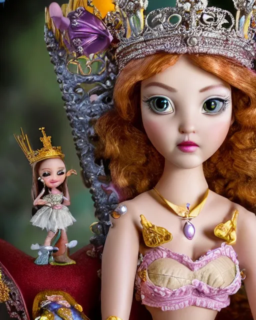 Image similar to highly detailed closeup, face profile portrait of a tin toy fairytale princess wearing a crown and sitting on a throne, bikini, depth of field, fashion photoshoot by nicoletta ceccoli, mark ryden, lostfish, dan decarlo, bob clampett, max fleischer, breathtaking, detailed and intricate environment, 8 k resolution, hyperrealistic, octane render