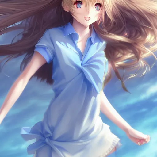 Image similar to a very beautiful anime grown girl, full body, long wavy blond hair, sky blue eyes, full round face, short smile, fancy top, miniskirt, front view, medium shot, mid-shot, highly detailed, cinematic wallpaper by Stanley Artgerm Lau