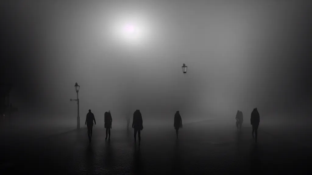 Prompt: the crowd flees the village, fog, volumetric lighting, mystique, atmospheric, sharp focus, ultra detailed, noir art house, 4 k, cinematic, 3 5 mm