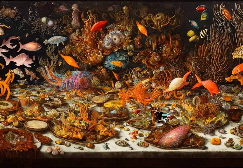 Prompt: an opulent banquet of food covered with colorful deep sea creatures, there are iridescent nudibranch flying everywhere, reclaimed lumber, detailed and intricate environment, hyperrealism, food photography, rembrandt