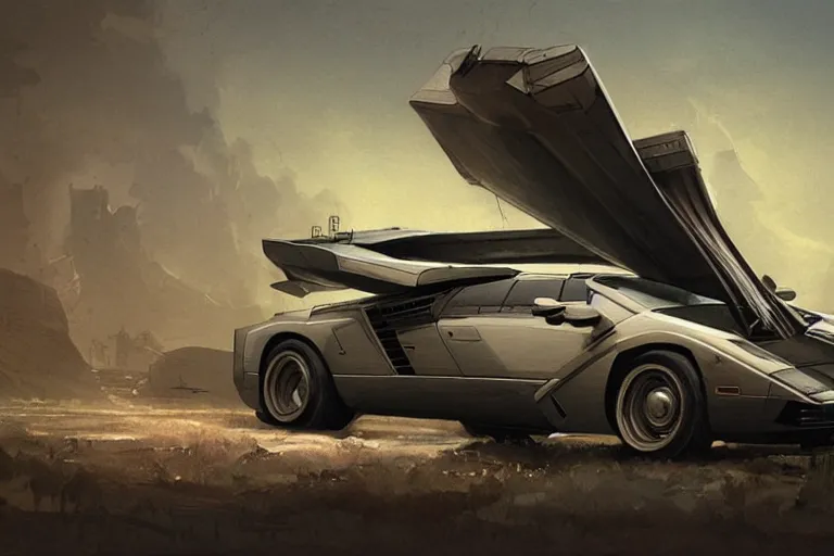 Image similar to dieselpunk countach, highly detailed, digital painting, artstation, concept art, sharp focus, illustration, art by raphael lacoste and greg rutkowski