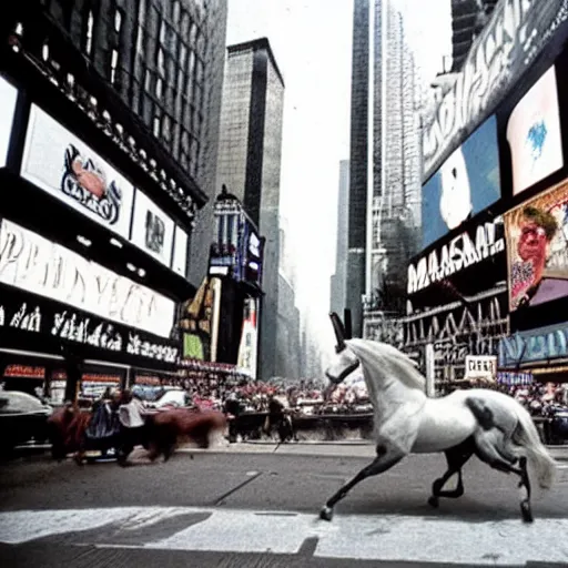Prompt: a vivid photo of a unicorn galloping through times square in the 8 0 s