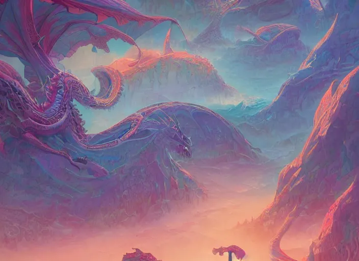 Prompt: psychedelic concept art of a dragon landscape made of thousands of spiraling dragons, cel shaded, in the style of makoto shinkai and moebius and peter mohrbacher and anton fadeev