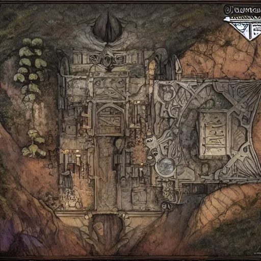 Prompt: dungeon map board concept d & d cave, top shot, desert, dices, vulcanic ground, monument, tribal hollows and build. hyper detailed, fantasy style art, highly detailed, digital painting, artstation, concept art, smooth, sharp focus, illustration, art by artgerm and greg rutkowski and alphonse mucha