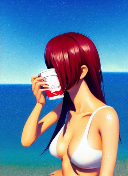 Prompt: full body picture of a girl drinking a coke, highly detailed face, very thirsty, dripping on the body, sharp focus, shiny day beach, extremely beautiful and cute and aesthetic face and body, specular reflection, occlusion shadow, trending on artstation, epic light novel cover art, art by ilya kuvshinov and sakimichan and jeremy lipking