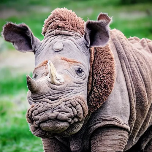 Prompt: wooly hairy brown rhino nature photography