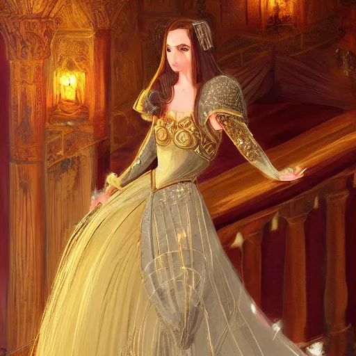 Prompt: Princess at a royal banquet, elegant dress, intricate, matte, digital painting, 8K, warm lighting, large staircase, royalty, high detail, medieval-fantasy, concept art, realistic, cinematic