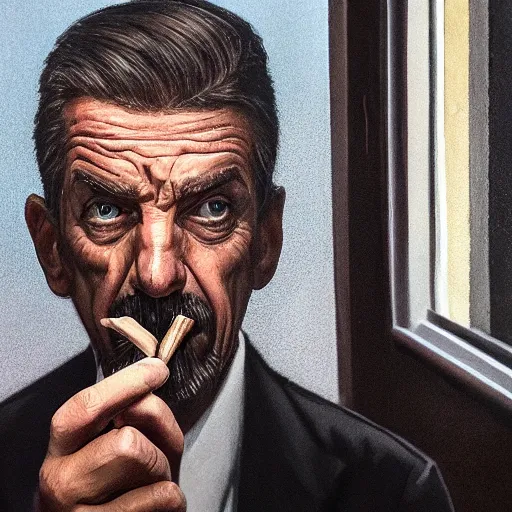 Prompt: Mr. House, realistic, highly detailed face, looks at the nuclear explosion, from the window of the Lucky 38 Casino, man smokes a cigar, ! holding in his Hand !, arm,cigarette advertising, hyperdetailed, artstation trending, ultra HD, artstation, photorealism, ultrarealistic, retro, 45mm, elegant,