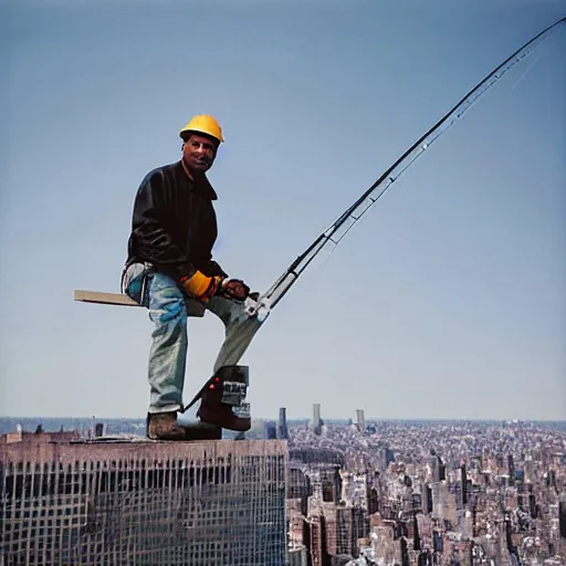 Prompt: closeup portrait of a construction worker with a fishing rod sitting on a metal beam high over new york city, photography, world press photo, david lazar
